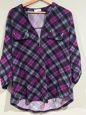 Plaid Half-Zip Long Sleeve Top in Purple - Unknown Brand